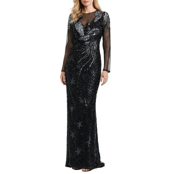 Vintage Dresses & Skirts - Sava Fashions 1970s Vintage Black Sequin Beaded Long Sleeve Dress Gown Small